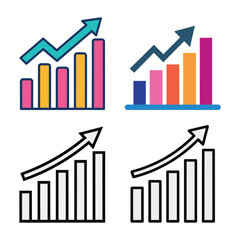 Upward growth bar chart symbol icon with vibrant color palette and stylized bar chart with rising arrow, infographic symbol, line drawing style, monochrome black and white, thin stroke lines