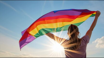Young beautiful hispanic woman smiling confident holding rainbow flag turning by herself at park - Powered by Adobe