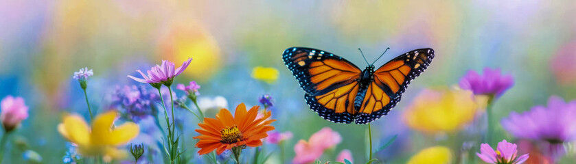 Fototapeta premium ecological gardening with native plants and wildlife habitat. Pollinator corridor with native flowers linking green spaces, supporting migrating butterflies and bees