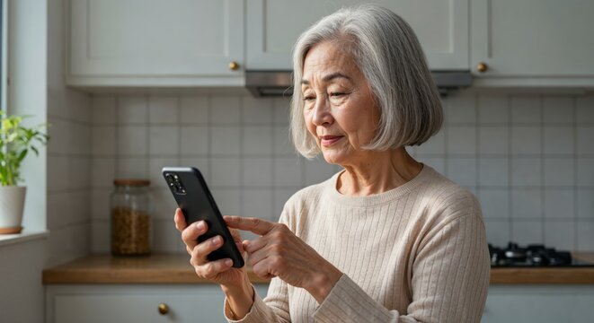Elderly Asian woman with silver bob using voice assistant on smartphone in bright kitchen