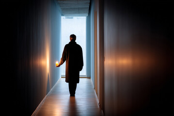 Obraz premium Silhouetted figure holding candle walking down hallway, flickering shadows on walls. 