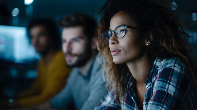 Employees collaborating on a digital dashboard in a tech savvy office environment