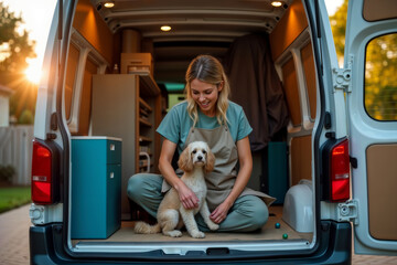 Mobile pet groomer. A smiling female groomer sits with a cute cockapoo dog in the back of her professional grooming van at sunset.