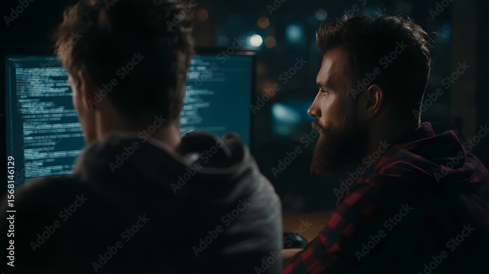  developers collaborating to debug complex code on a high monitor