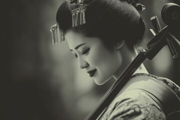 Traditional Japanese Woman Playing Shamisen in Monochrome Portrait