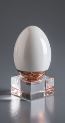 White egg on a clear, square, rose-gold pedestal