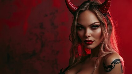 Captivating devilish beauty radiating allure with crimson backdrop in darkness