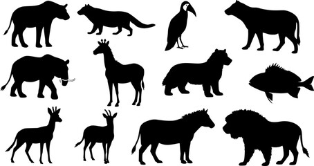 Vector silhouettes of animals (mammals, birds, fish, insects)