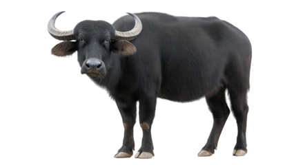 Water buffalo isolated on transparent background showing animal with curved horns