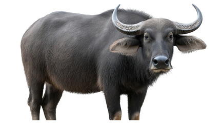 Fototapeta premium Water buffalo isolated on transparent background showing animal with curved horn