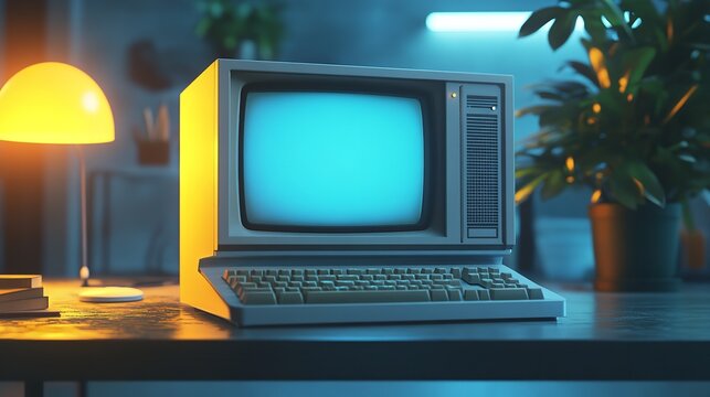 A vintage beige and turquoise desktop computer with a CRT monitor and keyboard, set against a bright turquoise background.