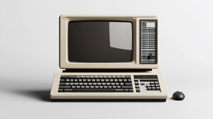 A vintage beige and turquoise desktop computer with a CRT monitor and keyboard, set against a bright turquoise background.