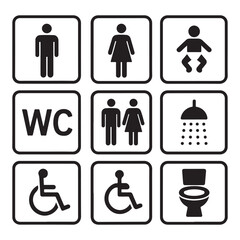 Collection of universal restroom and facility pictogram signs