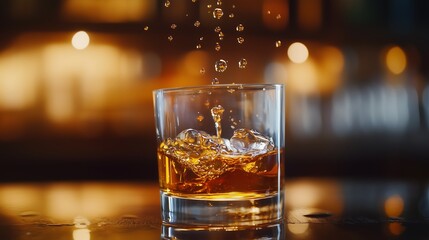 A glass of whiskey with ice, capturing the moment of a splash amidst a warm, blurred bar background.