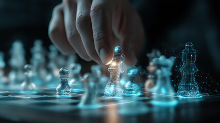 Transparent Glass Chess Pieces in Strategic Game: Hand Move in Abstract Design for Intellectual Challenge and Brilliant Strategy