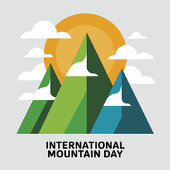 Stylized mountains under a bright sun with clouds