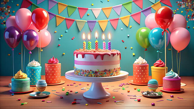 Happy birthday party celebration with cake, candles, balloons, and gifts