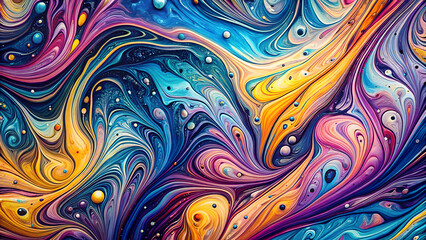 Seamless colorful psychedelic pattern of swirling curves and circles creates an abstract, vibrant backdrop