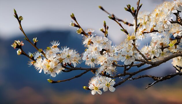 closeup of tree with white flowers and no leaves on branch - Powered by Adobe