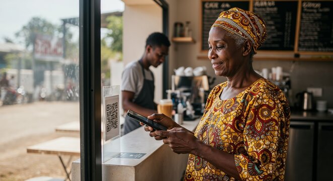 Elderly African woman in traditional dress scanning QR code at cafe counter in midday light