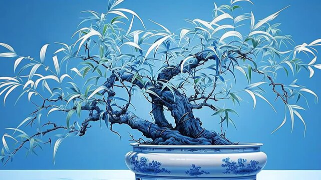 bonsai bamboo in Delfts Blauw realistis and slow,ai generative