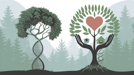 Abstract illustration of trees with heart and DNA design elements  