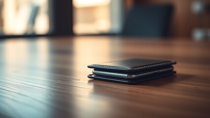 A sleek wallet lies on a wooden surface, highlighted by warm ambient lighting in a minimalist setting.