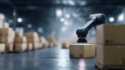 A warehouse robot scanning barcodes on packages in a dimly lit industrial setting