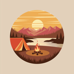 Camping by a lake at sunset