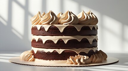 Elegant chocolate cake topped with creamy icing, beautifully captured against a white background for bakery or dessert visuals.