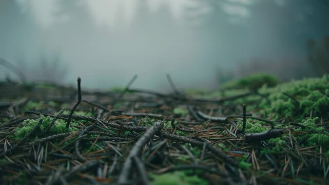 Forest floor covered in moss and pine needles, misty backdrop