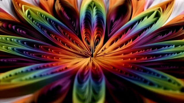 Mesmerizing close-up zoom into an intricate rainbow-colored paper quilling flower mandala