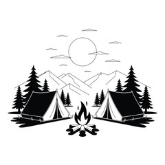 Camping scene with tents and campfire