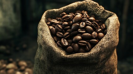 Burlap sack filled with dark roasted coffee beans against a dark, textured background