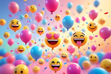 Joyful emoji balloons floating with confetti in a colorful celebration