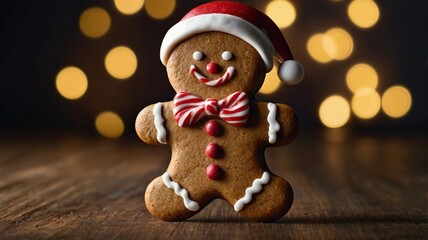 A gingerbread man with a red hat and a bow tie stands in front of a house