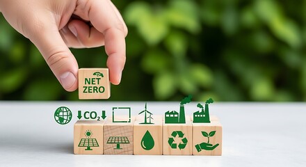 This visual narrative showcases a tangible movement towards carbon neutrality, as a hand adds the "NET ZERO" piece to a puzzle of clean energy, recycling, and sustainable industry icons, highlighting 