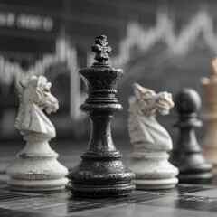 Fototapeta premium Strategic chess game showcases black king surrounded by opponents on a classic board in an intense match setting