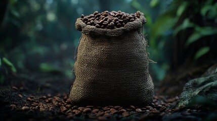 Burlap sack filled with dark roasted coffee beans against a dark, textured background