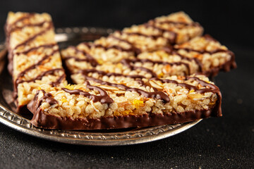 Cereal bar whole grain healthy eating sweet dessert fresh delicious gourmet food background on the table rustic food top view copy space keto and paleo diet vegan and vegetarian food