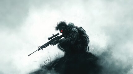 Soldier in tactical gear kneels on a dark landscape, observing surroundings while wearing a mask with glowing eyes during a misty dusk surveillance operation