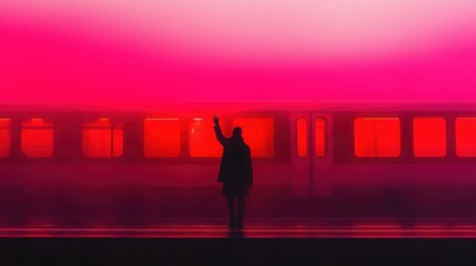 Silhouette of a figure waving against vibrant pink fog at a train station during twilight hours in an urban setting