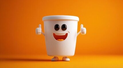 Cheerful cartoon cup character with a bright orange background celebrating with thumbs up in a playful and vibrant setting