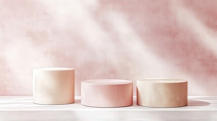 Three pastel pink and beige cylindrical podiums on a white wooden surface with a soft pink textured background.