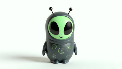 3D-rendered alien matryoshka with glowing skin, big eyes, and antennae. Otherworldly but charming, keeping the classic shape, isolated on white background.