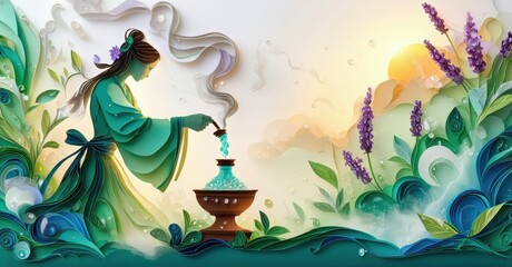 Fototapeta premium Woman prepares incense. Lush foliage surrounds ritual. Golden sun glows behind floral display. Peaceful scene evokes serenity, beauty.