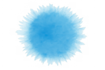 Circular light blue watercolor stain with jagged edges on transparent background, ideal for creative projects