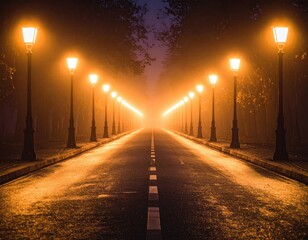 Foggy night road with streetlights