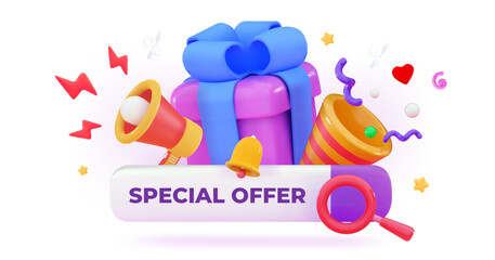 3d special offer Large gift box with confetti and loudspeaker Discounts for online shopping Promo code Gift certificate Holiday sale concept
