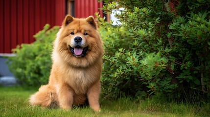 Fluffy Chow Chow with Happy Expression on Green Grass in Suburban Home - Portraying Joyful Canine and Beautiful Fur